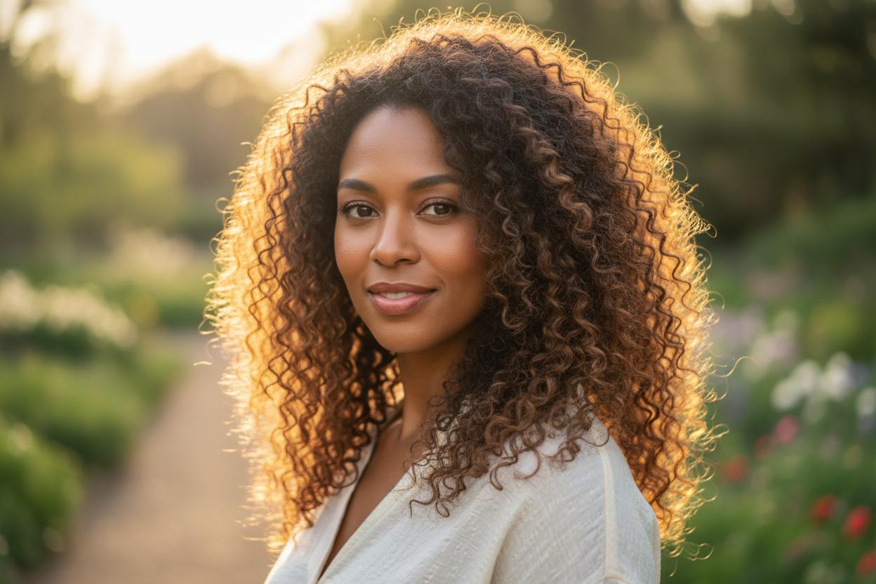 genere moi un image d'une femme noir au cheveux boucles reelle